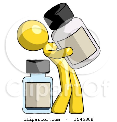 Yellow Design Mascot Man Holding Large White Medicine Bottle with Bottle in Background by Leo Blanchette