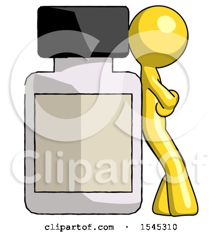 Yellow Design Mascot Man Leaning Against Large Medicine Bottle by Leo Blanchette