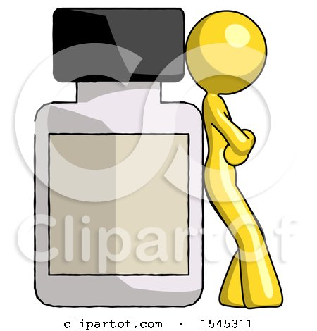 Yellow Design Mascot Woman Leaning Against Large Medicine Bottle by Leo Blanchette
