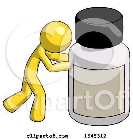 Yellow Design Mascot Man Pushing Large Medicine Bottle by Leo Blanchette