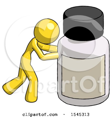 Yellow Design Mascot Woman Pushing Large Medicine Bottle by Leo Blanchette