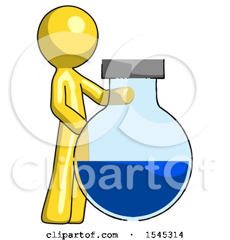 Yellow Design Mascot Man Standing Beside Large Round Flask or Beaker by Leo Blanchette