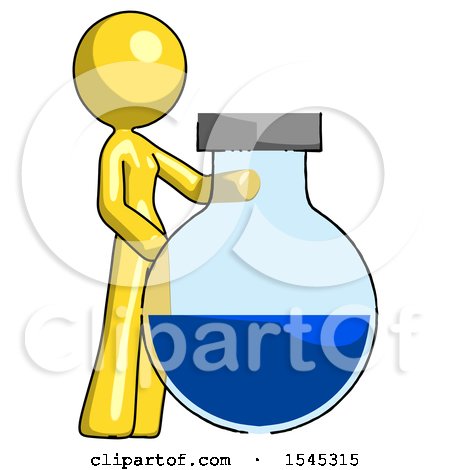 Yellow Design Mascot Woman Standing Beside Large Round Flask or Beaker by Leo Blanchette