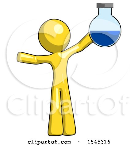 Yellow Design Mascot Man Holding Large Round Flask or Beaker by Leo Blanchette