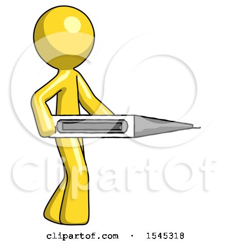 Yellow Design Mascot Man Walking with Large Thermometer by Leo Blanchette
