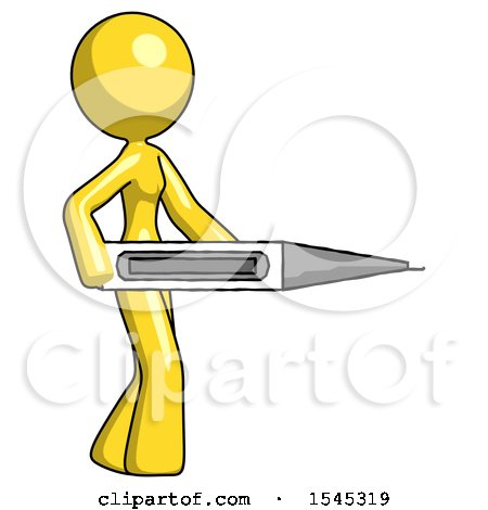 Yellow Design Mascot Woman Walking with Large Thermometer by Leo Blanchette