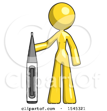Yellow Design Mascot Woman Standing with Large Thermometer by Leo Blanchette