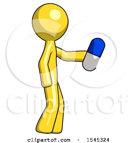 Yellow Design Mascot Man Holding Blue Pill Walking to Right by Leo Blanchette