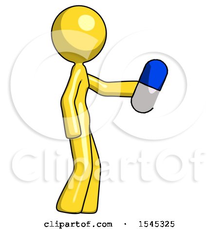 Yellow Design Mascot Woman Holding Blue Pill Walking to Right by Leo Blanchette