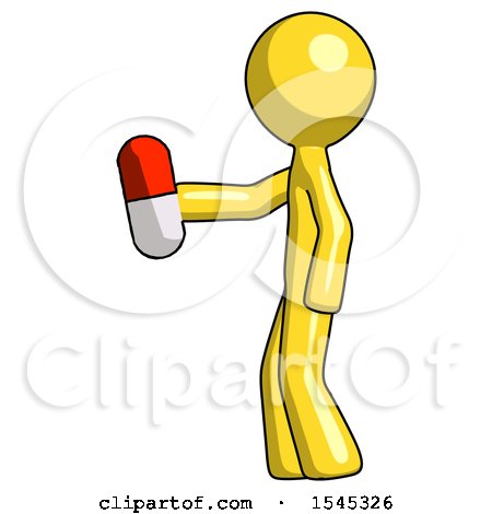 Yellow Design Mascot Man Holding Red Pill Walking to Left by Leo Blanchette