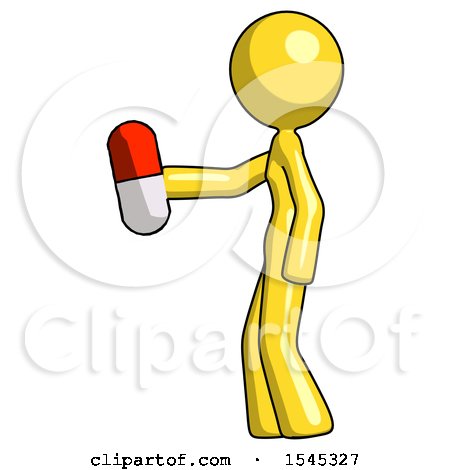 Yellow Design Mascot Woman Holding Red Pill Walking to Left by Leo Blanchette