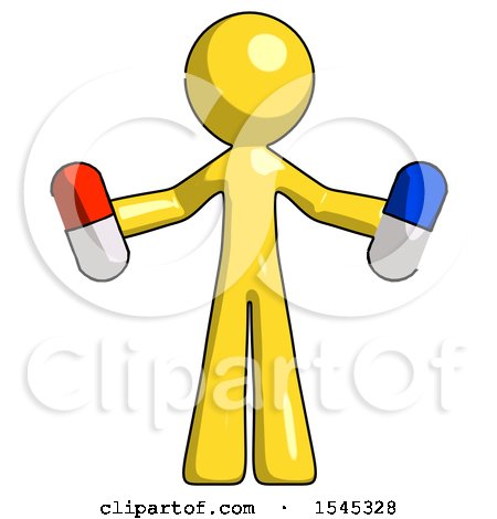 Yellow Design Mascot Man Holding a Red Pill and Blue Pill by Leo Blanchette