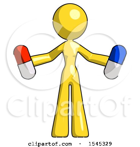 Yellow Design Mascot Woman Holding a Red Pill and Blue Pill by Leo Blanchette