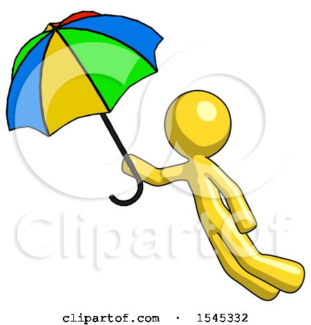 Yellow Design Mascot Man Flying with Rainbow Colored Umbrella by Leo Blanchette