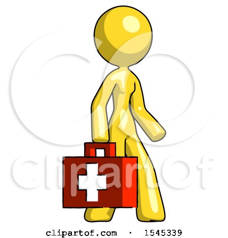 Yellow Design Mascot Woman Walking with Medical Aid Briefcase to Right by Leo Blanchette