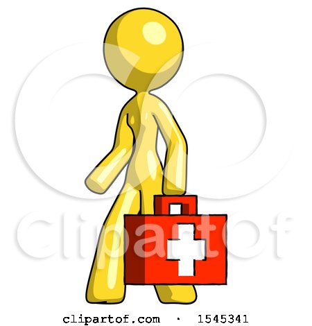 Yellow Design Mascot Woman Walking with Medical Aid Briefcase to Left by Leo Blanchette