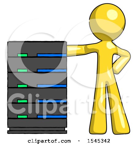 Yellow Design Mascot Man with Server Rack Leaning Confidently Against It by Leo Blanchette