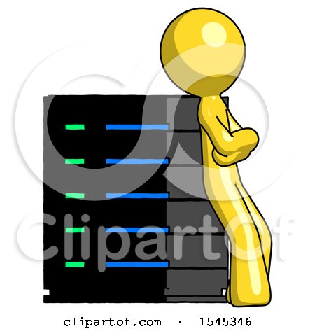 Yellow Design Mascot Man Resting Against Server Rack Viewed at Angle by Leo Blanchette
