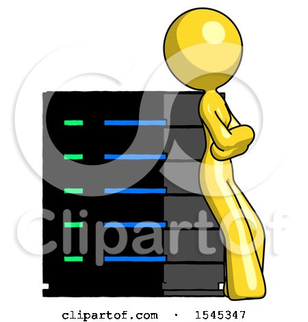 Yellow Design Mascot Woman Resting Against Server Rack Viewed at Angle by Leo Blanchette