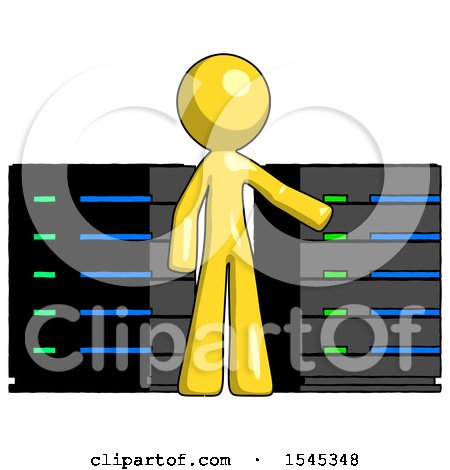 Yellow Design Mascot Man with Server Racks, in Front of Two Networked Systems by Leo Blanchette
