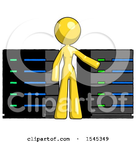Yellow Design Mascot Woman with Server Racks, in Front of Two Networked Systems by Leo Blanchette
