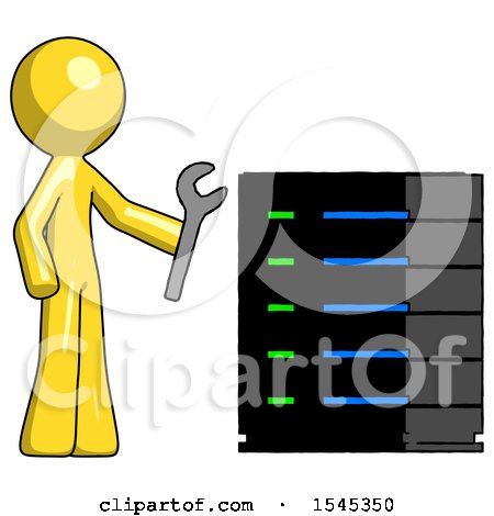 Yellow Design Mascot Man Server Administrator Doing Repairs by Leo Blanchette