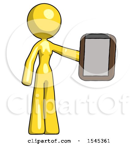 Yellow Design Mascot Woman Showing Clipboard to Viewer by Leo Blanchette