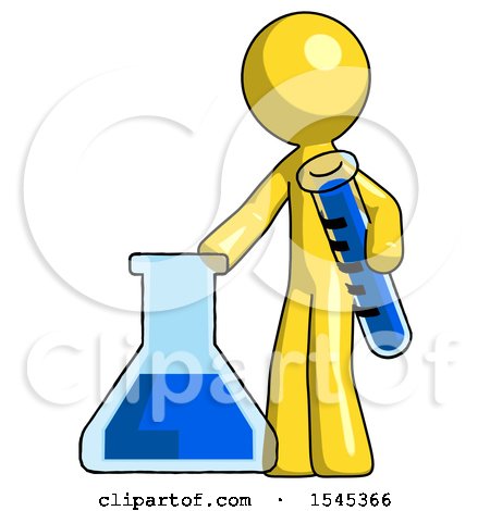 Yellow Design Mascot Man Holding Test Tube Beside Beaker or Flask by Leo Blanchette