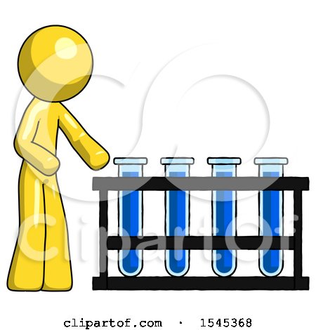 Yellow Design Mascot Man Using Test Tubes or Vials on Rack by Leo Blanchette