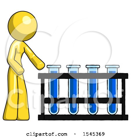 Yellow Design Mascot Woman Using Test Tubes or Vials on Rack by Leo Blanchette
