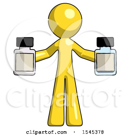 Yellow Design Mascot Man Holding Two Medicine Bottles by Leo Blanchette