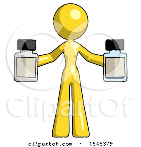 Yellow Design Mascot Woman Holding Two Medicine Bottles by Leo Blanchette