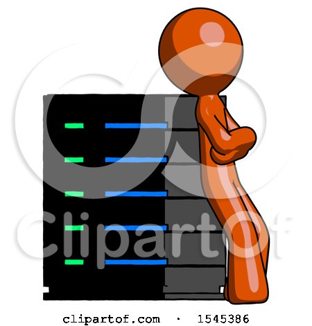 Orange Design Mascot Man Resting Against Server Rack Viewed at Angle by Leo Blanchette