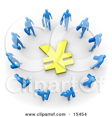 Group Of Blue Businessmen Carrying Briefcases Standing In A Circle Around A Yen Sign Clipart Illustration Image by 3poD