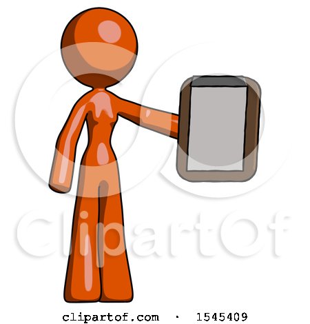 Orange Design Mascot Woman Showing Clipboard to Viewer by Leo Blanchette