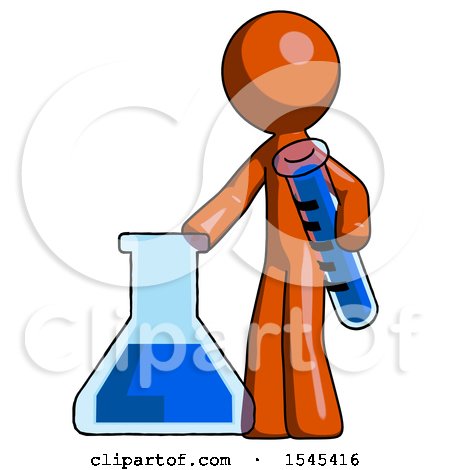 Orange Design Mascot Man Holding Test Tube Beside Beaker or Flask by Leo Blanchette