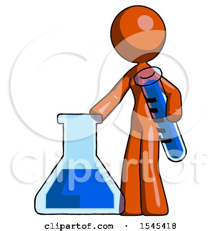 Orange Design Mascot Woman Holding Test Tube Beside Beaker or Flask by Leo Blanchette