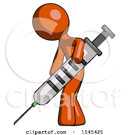Orange Design Mascot Man Using Syringe Giving Injection by Leo Blanchette