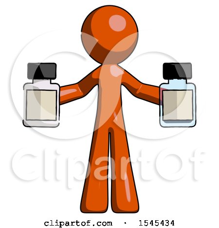 Orange Design Mascot Man Holding Two Medicine Bottles by Leo Blanchette