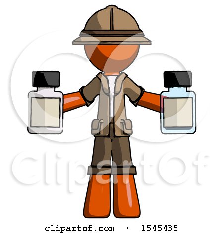 Orange Explorer Ranger Man Holding Two Medicine Bottles by Leo Blanchette