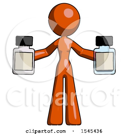 Orange Design Mascot Woman Holding Two Medicine Bottles by Leo Blanchette