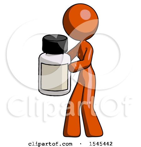 Orange Design Mascot Woman Holding White Medicine Bottle by Leo Blanchette