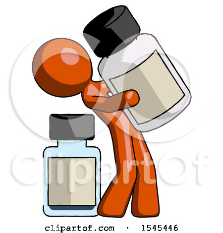 Orange Design Mascot Man Holding Large White Medicine Bottle with Bottle in Background by Leo Blanchette