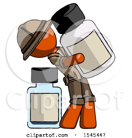Orange Explorer Ranger Man Holding Large White Medicine Bottle with Bottle in Background by Leo Blanchette
