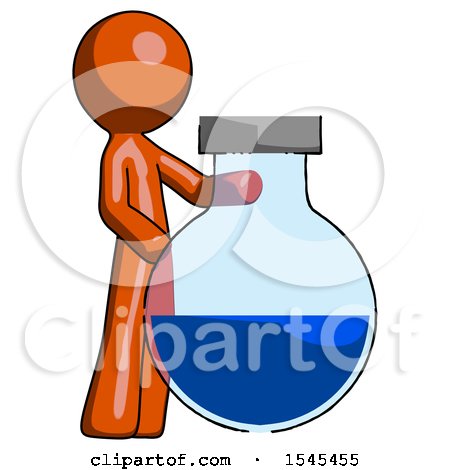 Orange Design Mascot Man Standing Beside Large Round Flask or Beaker by Leo Blanchette