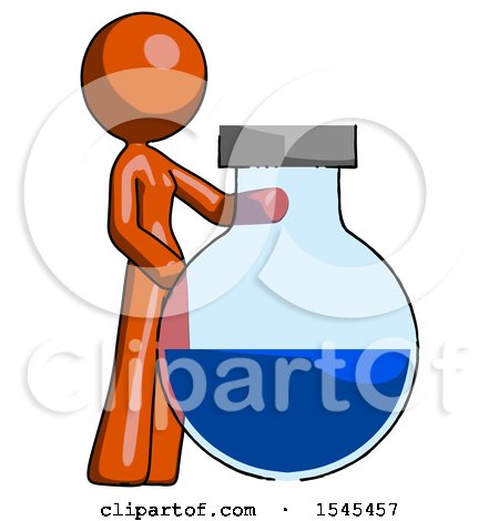 Orange Design Mascot Woman Standing Beside Large Round Flask or Beaker by Leo Blanchette