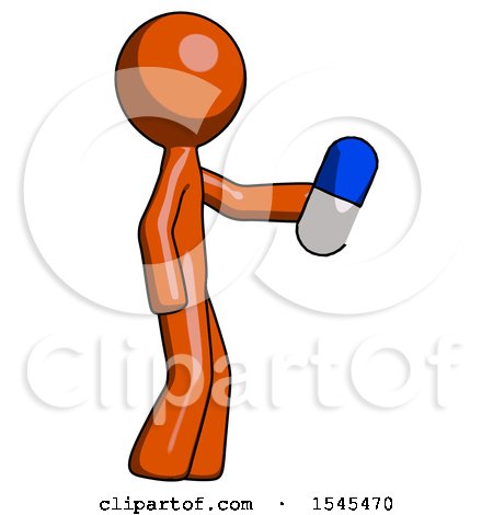 Orange Design Mascot Man Holding Blue Pill Walking to Right by Leo Blanchette