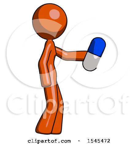 Orange Design Mascot Woman Holding Blue Pill Walking to Right by Leo Blanchette