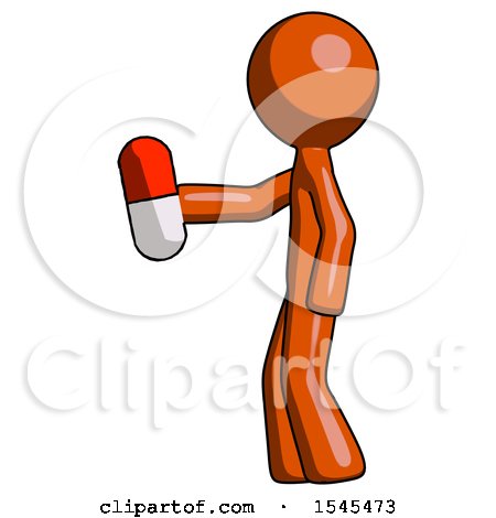 Orange Design Mascot Man Holding Red Pill Walking to Left by Leo Blanchette