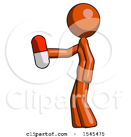 Orange Design Mascot Woman Holding Red Pill Walking to Left by Leo Blanchette